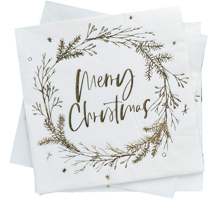 20PK GOLD FOILED MERRY CHRISTMAS WREATH NAPKINS