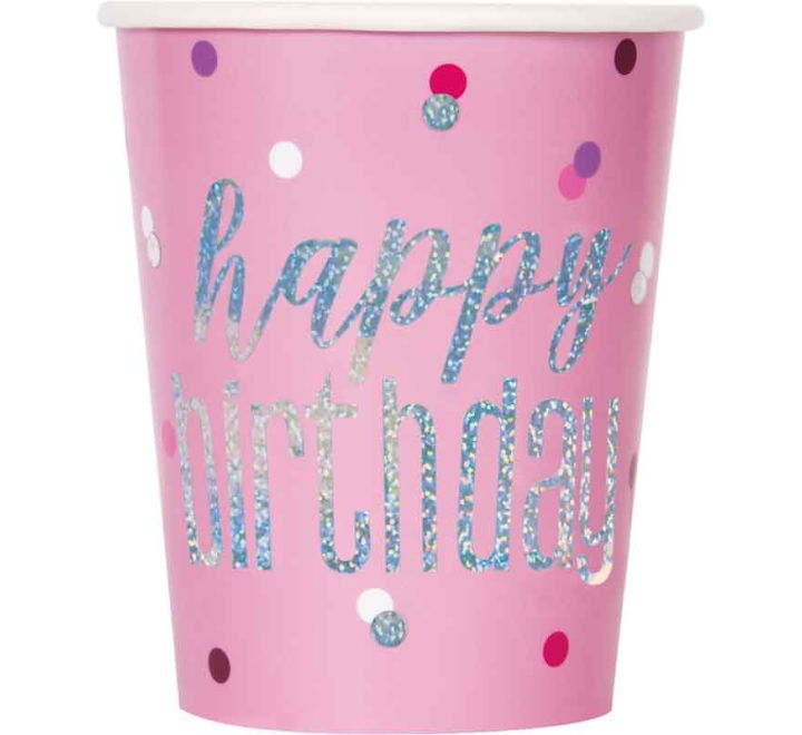 8PK 9oz BIRTHDAY GLITZ PINK CUPS