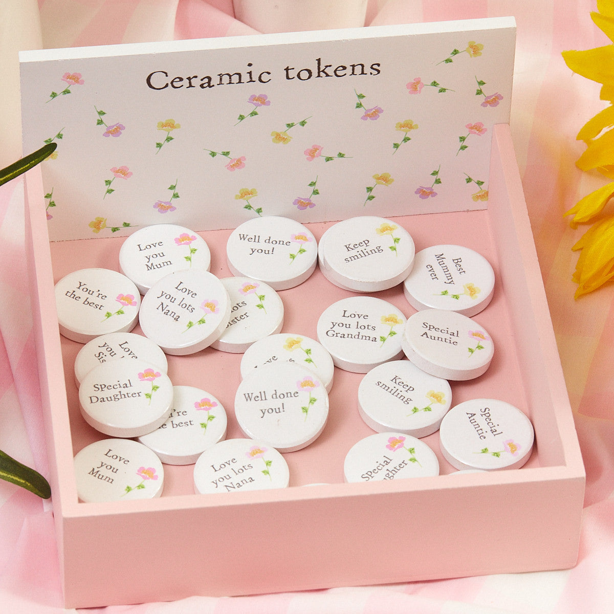 Floral Round Mini Token 12 Asstd Ceramic With Quote