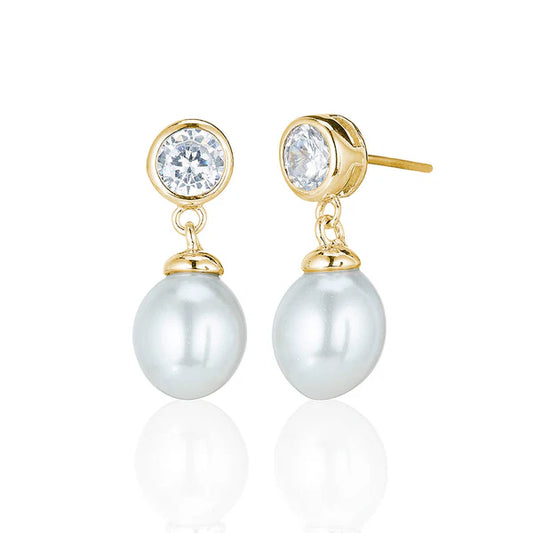 Pearl Drop Earrings With Rubover Set Stones In Yellow Gold