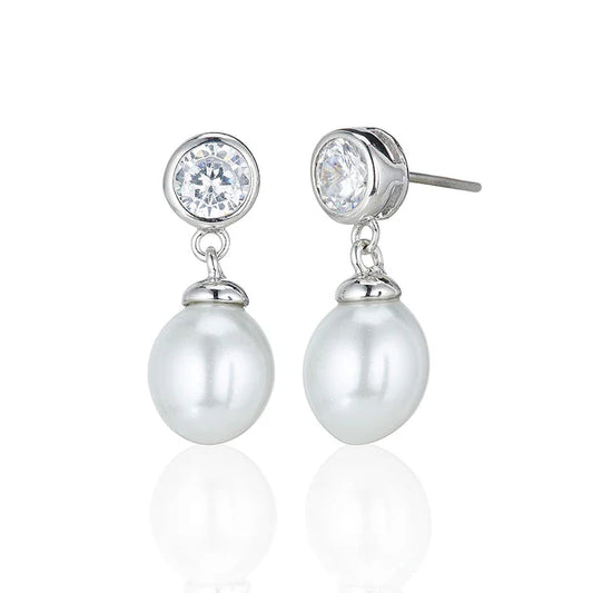 Pearl Drop Earrings With Rubover Set Stones