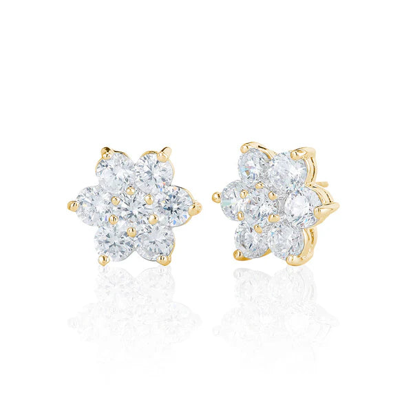 Seven Stone Flower Cluster Stud Earrings In yellow Gold