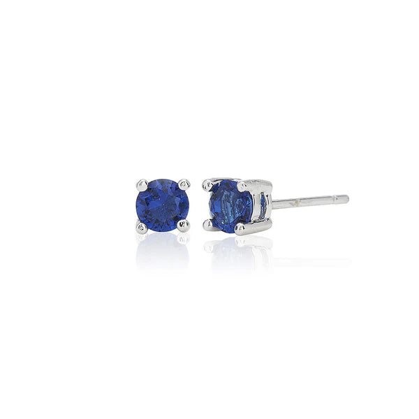 Blue Four Claw 4mm Solitaire Rhodium Plated Stud Earrings