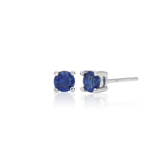 Blue Four Claw 4mm Solitaire Rhodium Plated Stud Earrings