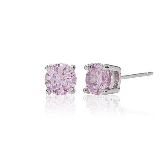 Pink Four Claw 6mm Solitaire Rhodium Plated Stud Earrings