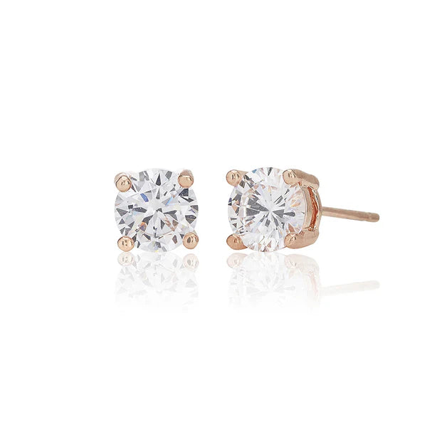 White Four Claw 6mm Solitaire Rose Gold Plated Stud Earrings