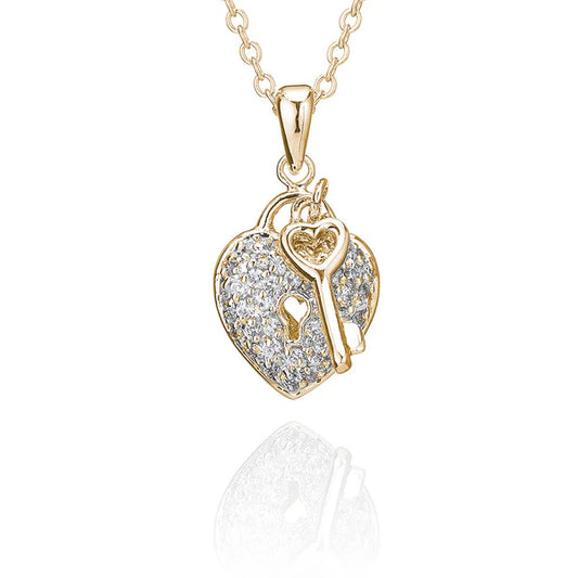 Pave Set Heart & Key Pendant In Yellow Gold