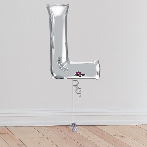 <b> ONLINE EXCLUSIVE </b> <br>Giant Silver Letter Balloon <br>(Inflated with Helium & Weight Included)