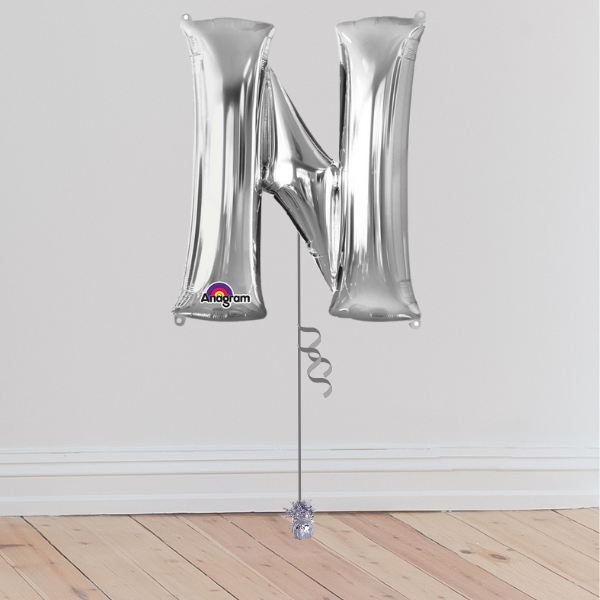 <b> ONLINE EXCLUSIVE </b> <br>Giant Silver Letter Balloon <br>(Inflated with Helium & Weight Included)