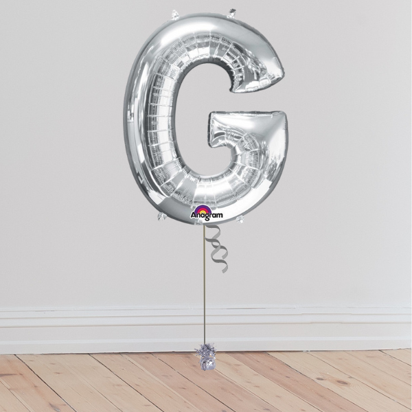 <b> ONLINE EXCLUSIVE </b> <br>Giant Silver Letter Balloon <br>(Inflated with Helium & Weight Included)